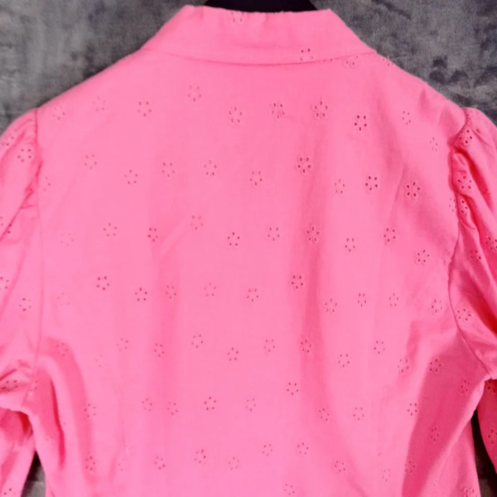 Vince Camuto Dress Womens 14 Pink Eyelet Button Front Cotton Shirt Puff Sleeve - Picture 9 of 11